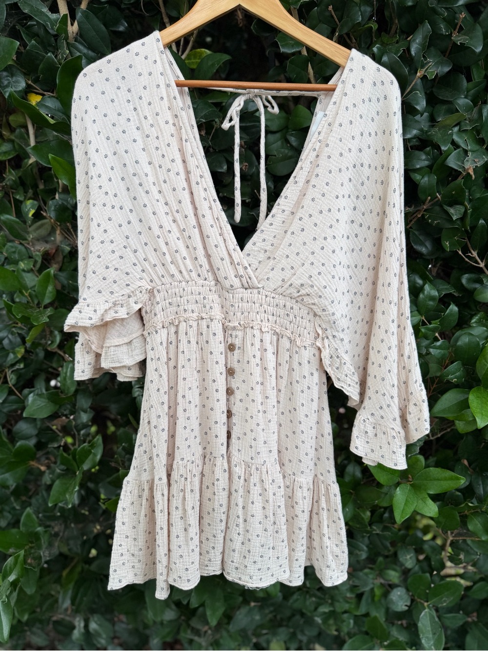 Lightweight Cream Floral-Print Romper with Ruffle Hem and Gauze Feel